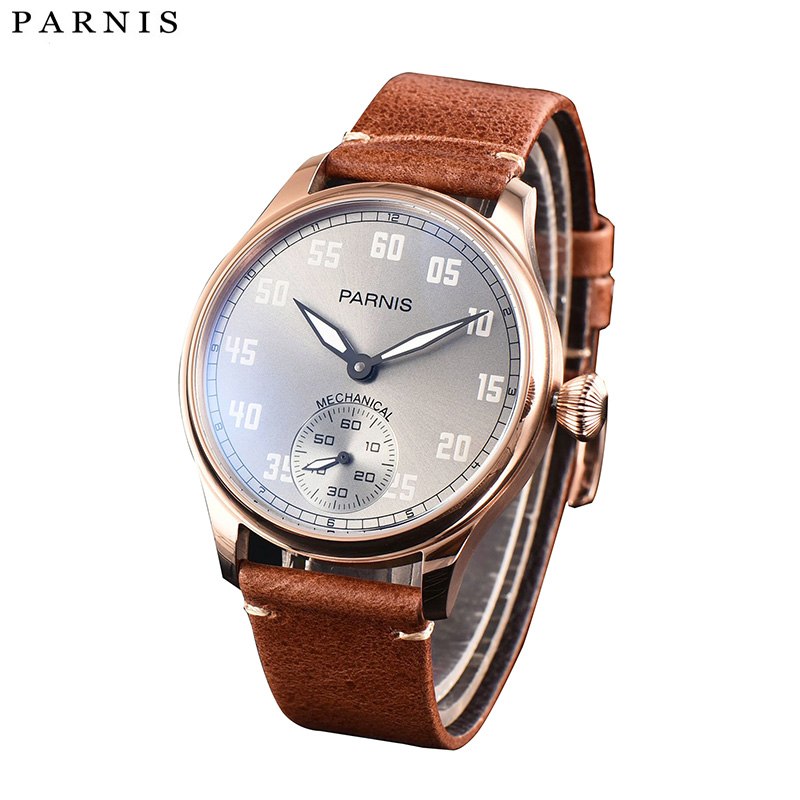 44mm Parnis Hand Winding Movement Men s Pilot Watch Leather Strap Small Second PA6061